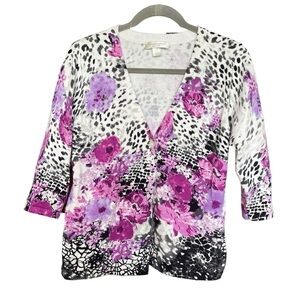 Christopher Banks Floral Cotton Knit Cardigan Sweater pansies size petite small